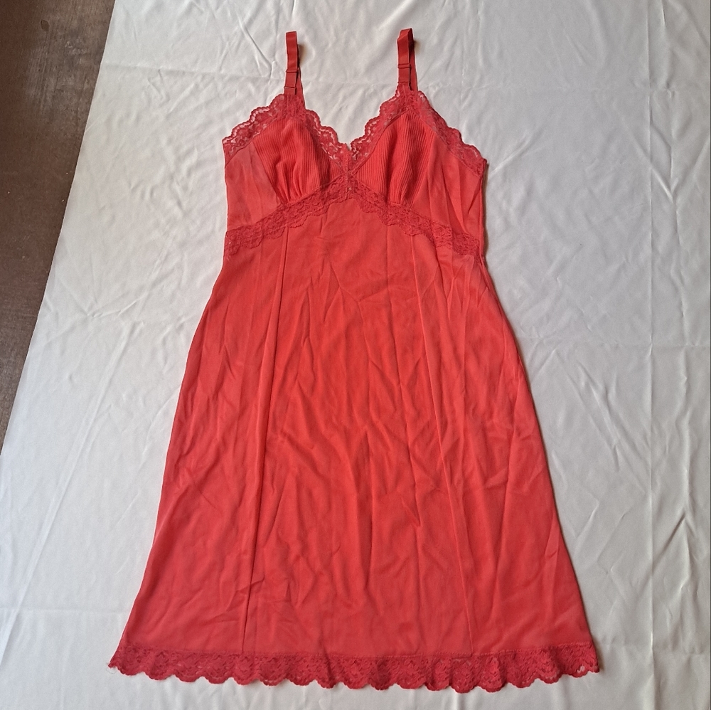 Movie Star Vintage Red Lace Trim Slip Dress Nightgown
